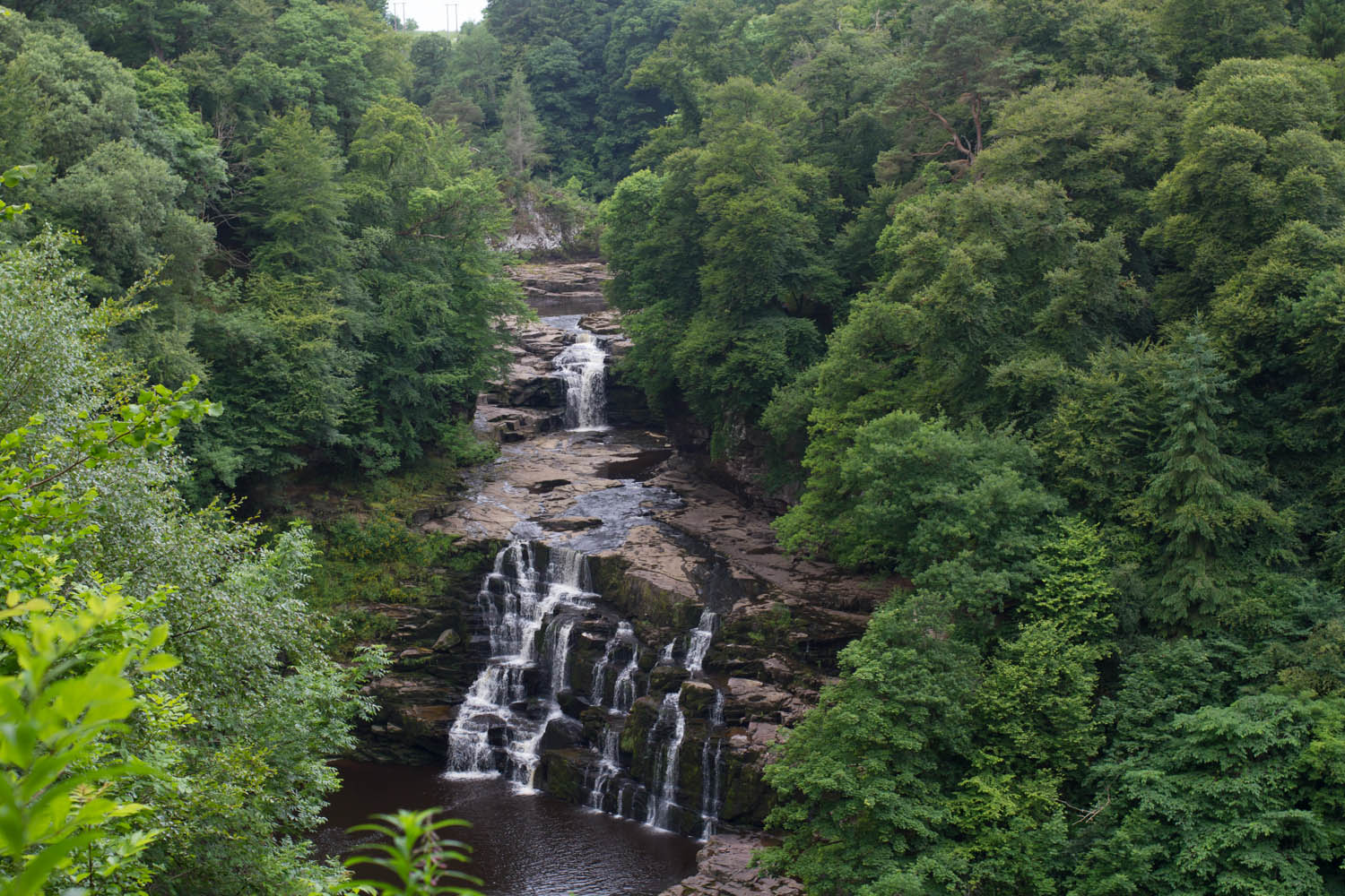 Falls of Clyde, Scotland. Trees with all their leaves line the river. The rocks are visible on the waterfall and there isn't much water flowing during summer