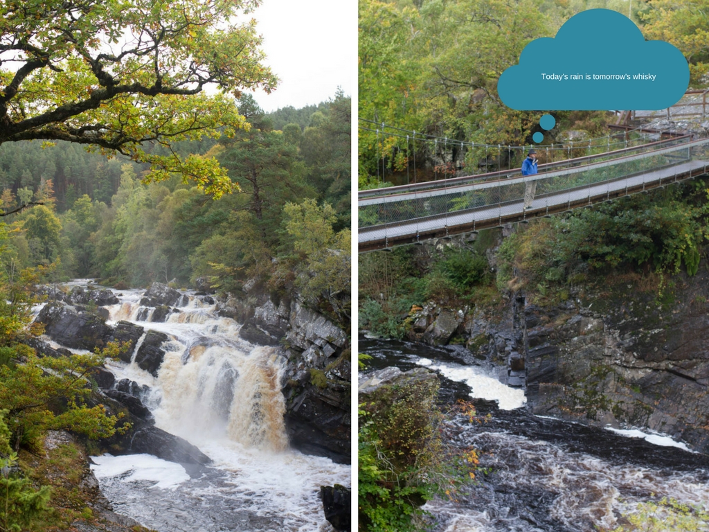 Rogie Falls, North Coast 500, Scotland. Split photo. Left side: Waterfall, with white water running down over rocks and over hanging tree above. Right side: Man stood on a foot bridge over deep gauge. 