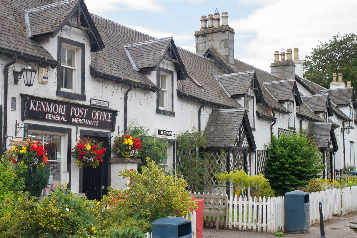 Kenmore Post office, Perthshire.  A row of black and white cottages in Perthshire