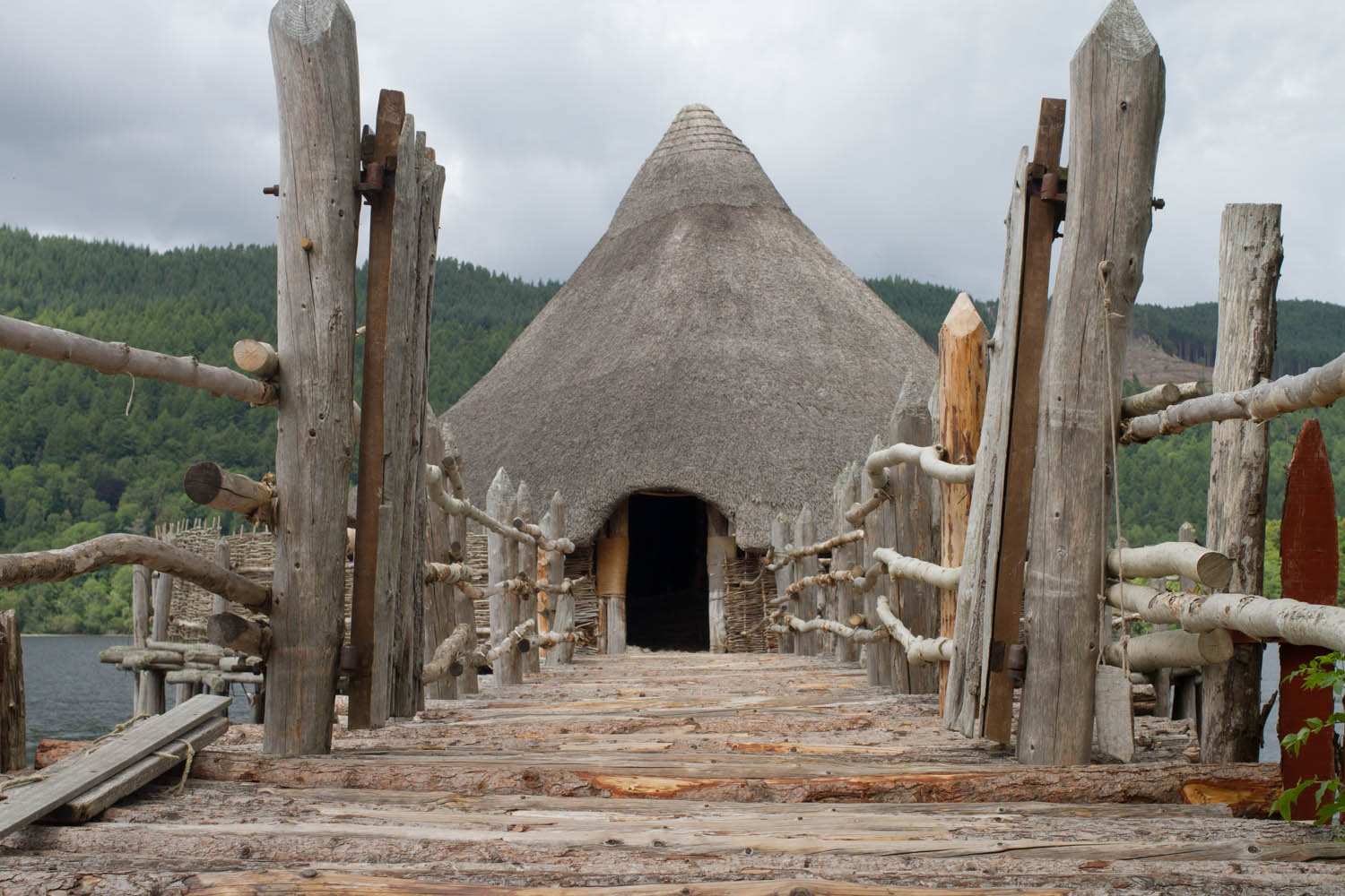 Scottish Crannog Centre, Perthshire. View of the Crannog across the wooden bridge