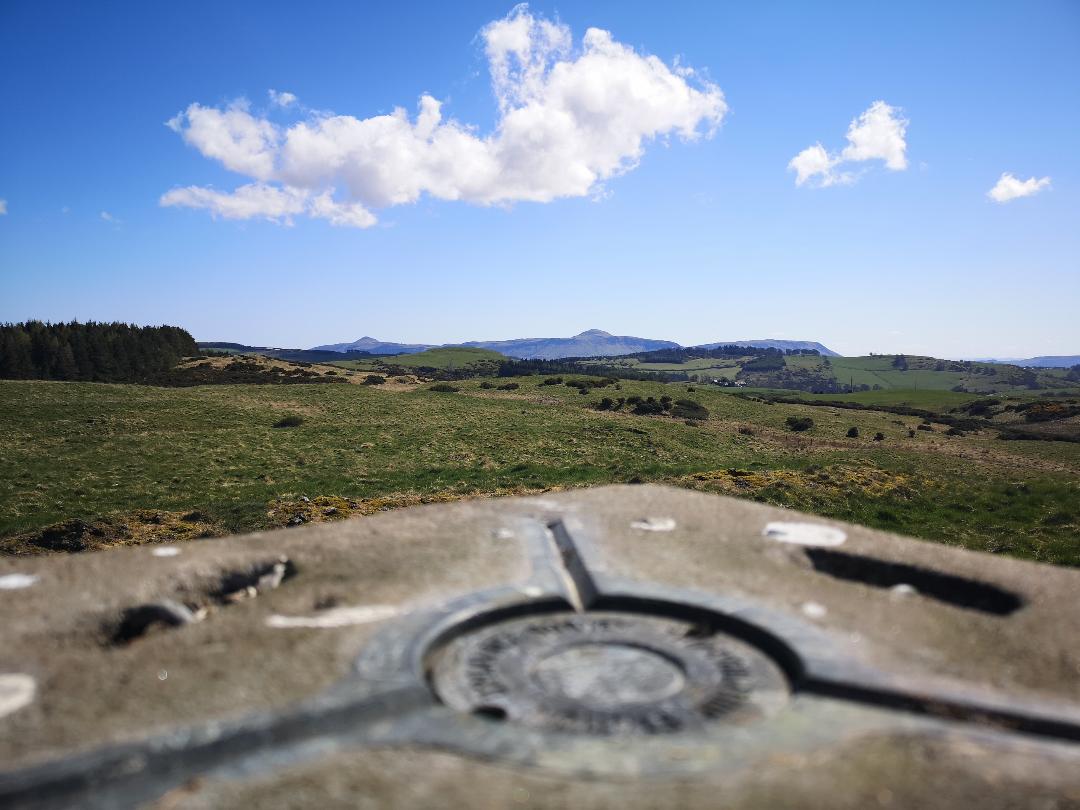 Trig point in Perthshire with a view of the Lomond Hills - little walks from home during lockdown